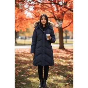 Andrew Marc Black Down Puffer Coat Fur Hood Long Parka XS